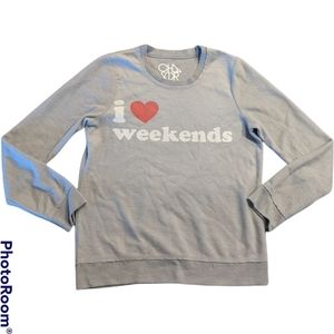Chaser I Love Weekends Long Sleeve Top Sweater Grey Distressed